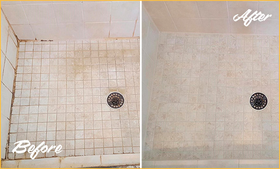 This Marble Shower Got a Total Revamp with a Tile Recaulking Service Picture of a Marble Shower Before and After a Tile Recaulking
