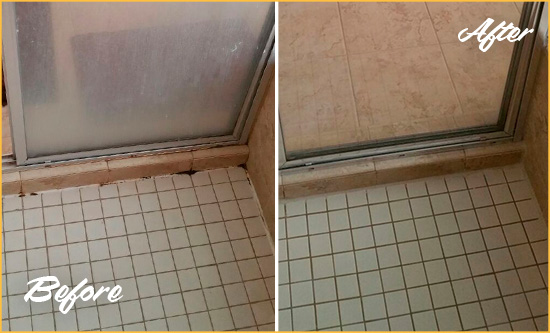 Sir Grout Restored this Shower Floor joints with a Bathroom Caulking to Replace Damaged Caulk Before and After Picture of a Bathroom Caulking on the Floor Joints