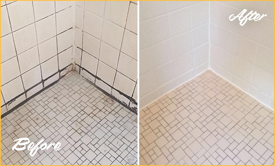 Sir Grout Restored the Caulk Around this Bathtub with a Bathroom Caulking Service Before and After Picture of a Bathroom Caulking in a Bathtub Area