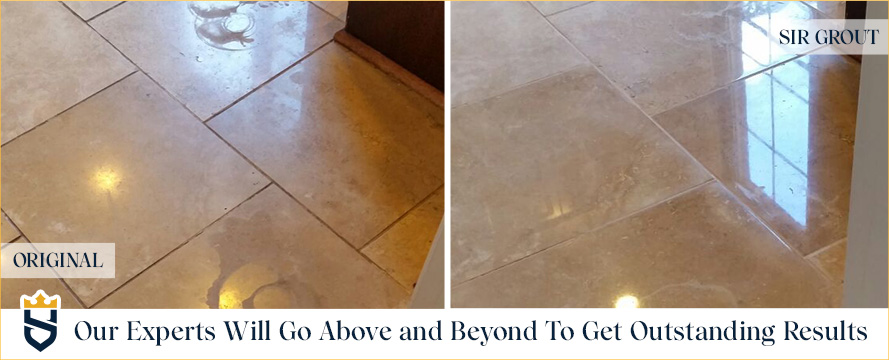 Picture of a Stained Marble Floor Before and After a Honing and Polishing Service Showing that the etch marks were caused by a water-vinegar mixture used to clean the marble