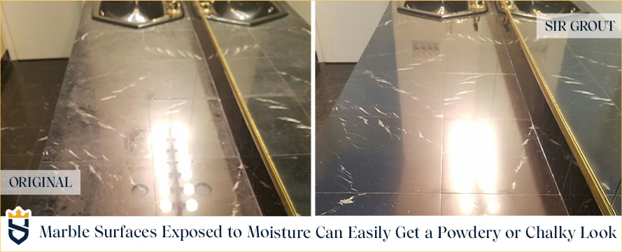 Picture of a Black Marble Vanity Top Before and After a Honing and Polishing Job Showing that Marble surfaces exposed to moisture can easily get a powdery or chalky look