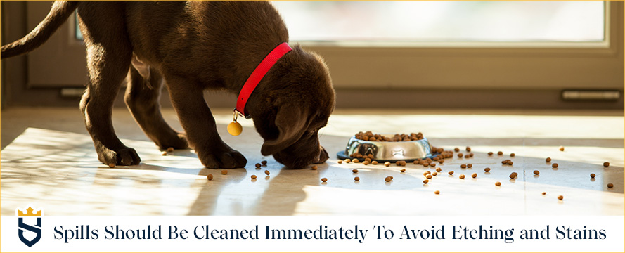 A professional cleaning and sealing can remove stains from tile and stone floors Spills should be cleaned immediately to prevent etching and stains