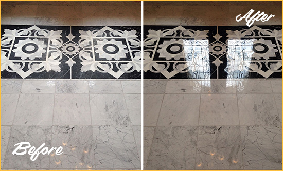 Sir Grout Restores this Dull Marble Floor to Recover Its Shine Before and After Picture of a Marble Floor Restored to Recover Its Shine