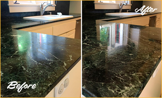 Sir Grout Restores this Marble Countertop to Remove Water Marks Before and After Picture of a Black Marble Countertop Restored to Remove Water Marks