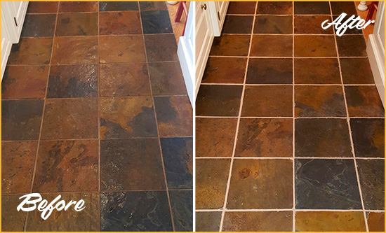 Sir Grout Regrouts this Tile Floor to Remove Stains from Grout Lines Before and After Picture of a Tile Floor Regrouted to Remove Stains from Grout Lines
