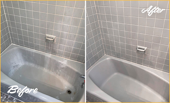 Sir Grout Caulks the Tub of this Porcelain Tile Bathroom to Avoid Water Leakages Before and After Picture of a Tub Caulking on a Porcelain Tile Shower