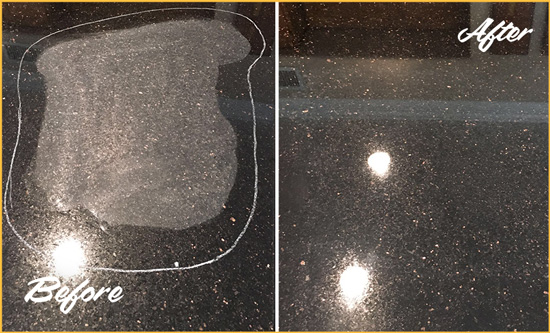 Sir Grout Cleans and Seals this Black Granite Countertop to Remove Scratches Before and After Picture of Black Scratched Granite Countertop Cleaned and Sealed