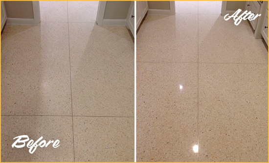 Sir Grout Cleans and Seals This Dull Granite Floor to a Shiny Gloss Before and After Picture of Dull Granite Floor Cleaned and Sealed to a Shiny Gloss