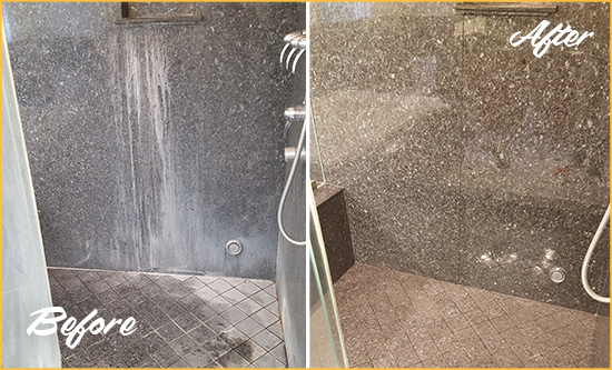 Sir Grout Cleans and Seals This Granite Shower to Remove Mineral Deposits Before and After Picture of a Granite Shower with Mineral Deposits Cleaned and Sealed