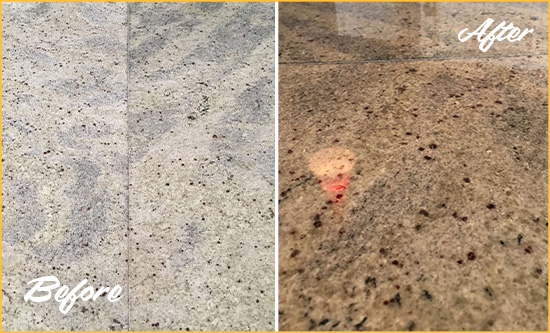 Sir Grout Cleans and Seals this Granite Kitchen Countertop to Remove Scratches Before and After Picture of a Granite Kitchen Countertop Cleaned and Sealed to Remove Scratches