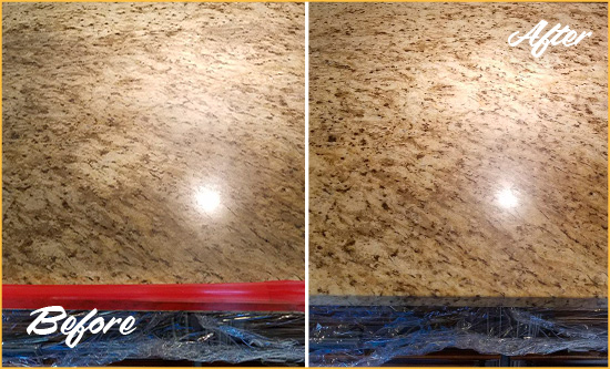 Sir Grout Cleans and Seals this Dull Kitchen's Granite Countertop to Recover Its Color Before and After Picture of a Dull Kitchen Granite Countertop Cleaned and Sealed to Recover Its Sheen