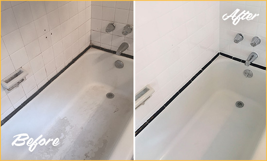 Sir Grout Caulked This Bathroom's Tub Joints To Replace Damaged Caulking Picture of a Large Tub with Stained and Damaged Caulk Before and After a Tub Recaulking