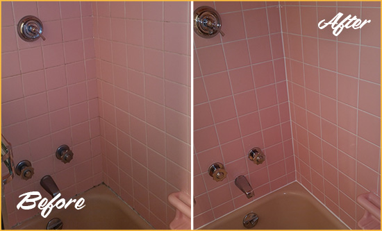 Sir Grout Restored the Caulk Around this Bathtub with a Tub Recaulking Service Picture of a Pink Tub and Shower with Moldy Caulking Before and After a Tub Recaulking