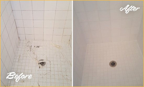 Sir Grout Caulked this Bathroom's Floor to Restore Cracked and Peeled Caulking Picture of a White Shower with Damaged Caulking Before and After our Bathroom Recaulking Service