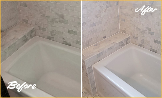Sir Grout Caulked This Bathroom's Tub Joints To Replace Damaged Caulking Picture of a Marble Bathroom Before and After a Bathroom Recaulking on the Tub Joints