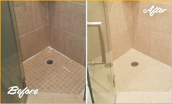 Sir Grout Caulks this Porcelain Tile Bathroom to Avoid Water Leakages Before and After Picture of a Grout Caulking on a Porcelain Tile Shower