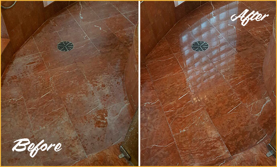 Sir Grout Restores this Dull Marble Shower to Eliminate Mineral Deposits Before and After Picture of a Marble Shower Restored to Eliminate Mineral Deposits