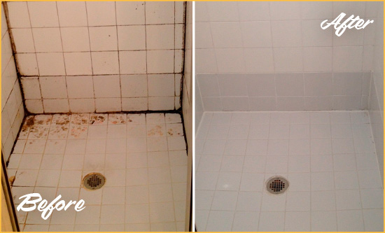 Sir Grout Caulks the Wall Joints of this Porcelain Tile Shower to Avoid Water Leakages Before and After Picture of a Caulking on this Shower's Wall Joints
