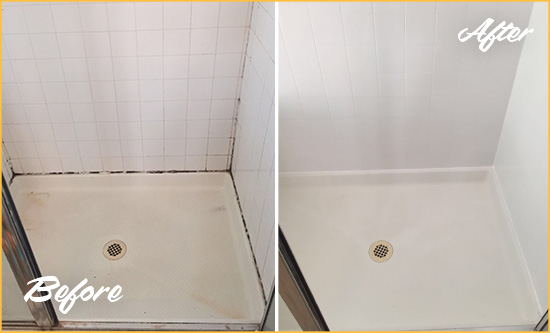 Prevent Water Damage in your Shower with our Caulking Service Picture of a White Shower with Moldy Grout and Caulking Before and After a Caulking Service