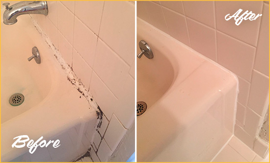 The Joints Around this Sink Were Recaulked to Replace Damaged Caulking Picture of a White Sink with Damaged Caulking Before and After a Tile Caulking Service