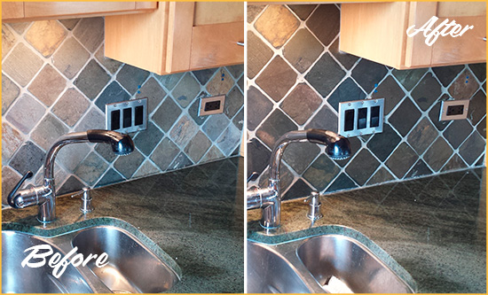 This Slate Backsplash Caulk Lines Were Repaired with a Caulking Service to Avoid Water Leakages Picture of a Slate Backsplash with Damaged Caulking Before and After a Caulking Service