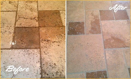 Sir Grout Hones and Polishes this Dirty Tumbled Travertine Floor Before and After Picture of Tumbled Travertine Floor Honed and Polished to Remove Dirt