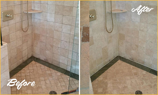 Sir Grout Hones and Polishes this Travertine Shower to Remove Mold and Mildew Before and After Picture of Moldy Travertine Shower Honed and Polished to Remove Mold