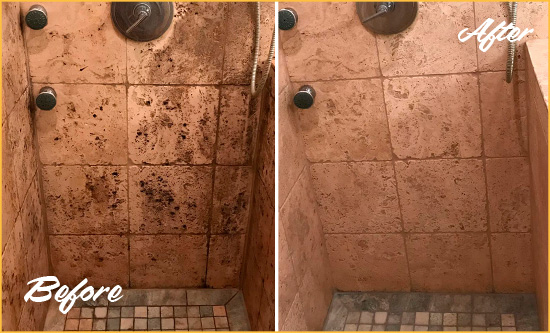 Sir Grout Hones and Polishes this Travertine Shower to Remove Mineral Deposits Before and After Picture of a Travertine Shower Honed and Polished to Remove Mineral Deposits