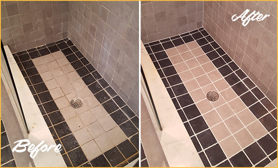 Sir Grout Hones and Polishes this Travertine Shower to Remove Stains Before and After Picture of Travertine Shower  Honed and Polished to Remove Stains