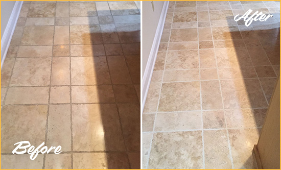 Sir Grout Hones and Polishes this Kitchen's  Tumbled Travertine Floor to Recover Its Sheen Before and After Picture of Dirty Kitchen Tumbled Travertine Floor Honed and Polished to Recover its Sheen