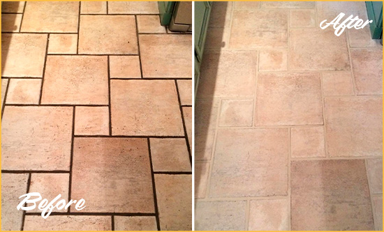 Sir Grout Cleans and Seals this Dirty Tumbled Travertine Floor Before and After Picture of Tumbled Travertine Floor Cleaned to Remove Embedded Dirt