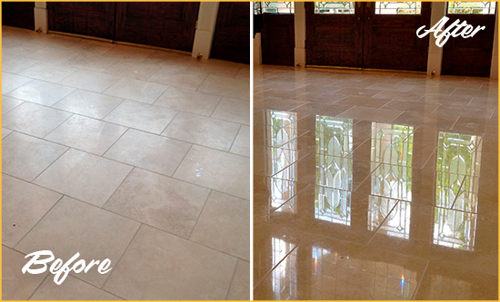 Sir Grout Hones and Polishes this Dull Travertine Floor to a High Gloss Before and After Picture of a Dull Travertine Floor Honed and Polished to a High Gloss