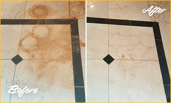 Sir Grout Cleans and Seals This Marble Floor to Remove Rust Stains Before and After Picture of a Marble Floor Cleaned and Sealed to Remove Rust Stains