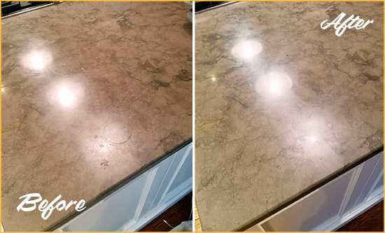 Sir Grout Cleans and Seals this Marble Vanity Top to Remove Etch Marks Before and After Picture of a Dull Marble Vanity Top Cleaned and Sealed to Remove Etch Marks