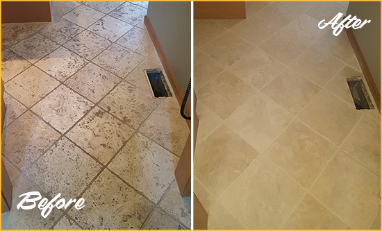 Sir Grout Cleaned the Grout and Tiles on this Kitchen's Marble Floor Before and After Picture of a Grout Cleaning on Kitchen Marble Floor
