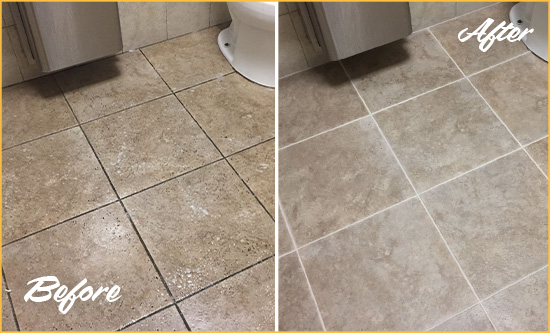 Sir Grout Cleaned This Restroom's Floor and Grout to Make it Look Like New Before and After Picture of a Tile Grout Cleaning in an Office's Restrooms
