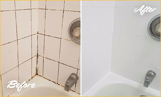Sir Grout Cleaned this Bathroom Tub Grout to Remove Mold Before and After of a Tub Grout Cleaning Service