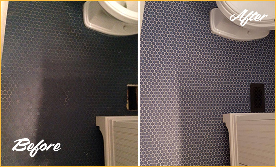 Sir Grout Sealed this Bathroom's Floor to Deep Clean and Restore Its Color Before and After Picture of Grout Sealing on a Bathroom Floor