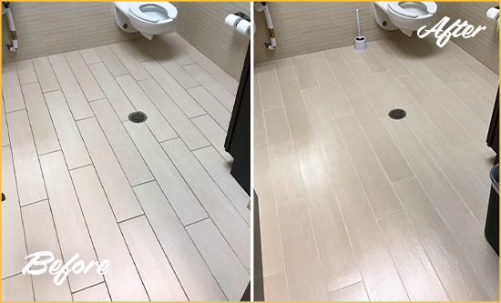 Sir Grout Sealed This Restroom's Floor and Grout to Make it Look Like New Before and After Picture of a Tile Grout Sealing in an Office's Restrooms