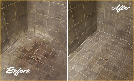 Sir Grout Removed the Efflorescence from this Shower with a Grout Sealing Service Before and After of Grout Sealing on a Shower to Remove Efflorescence