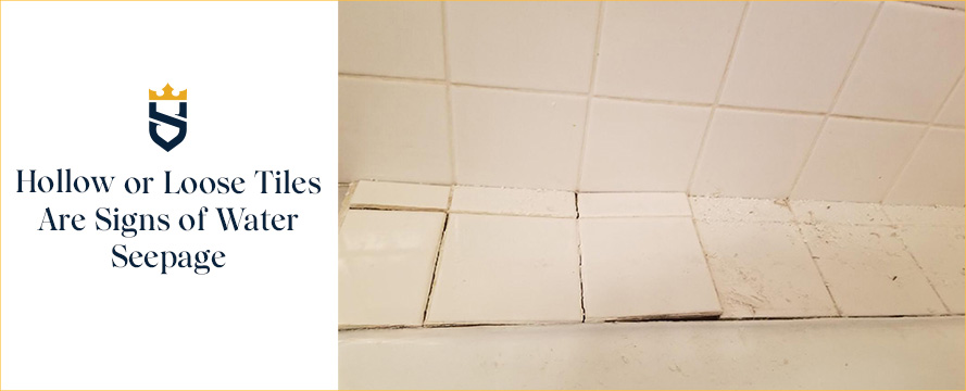 Before and After Showing Loose Shower Tile, a Sign of Water Seepage, and It Being Repaired