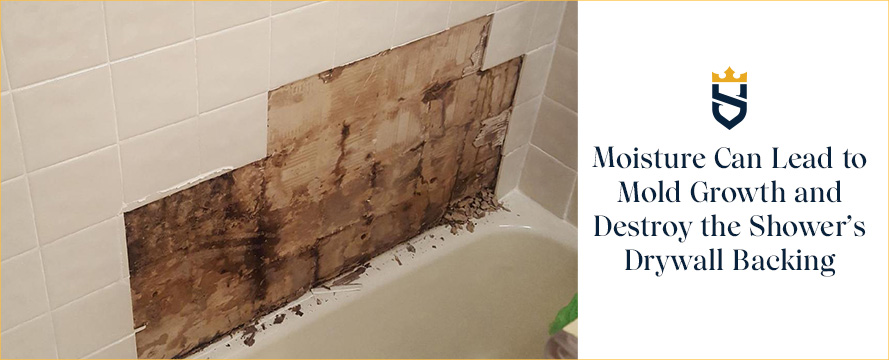 Water Damaged Drywall Shower Backing on Left and Repaired With New Tiles and Grout on Right