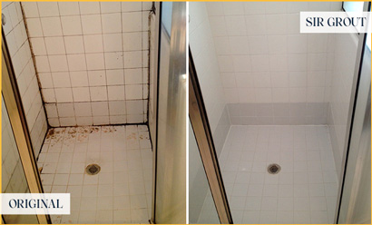 Before and After Picture of a shower with Moldy Tile and Grout