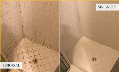 Before and After Picture of a Grimy Shower Cleaned and Sealed to Remove Dirt