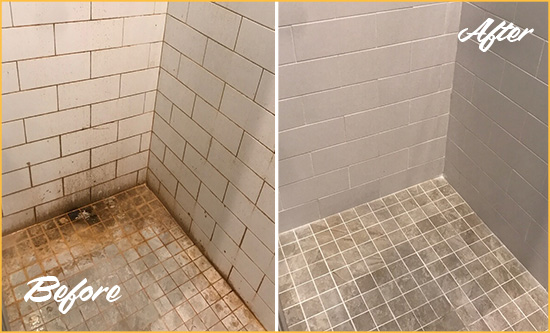 Sir Grout Cleans this Eden Prairie Shower Tile and Grout to Eliminate Mold and Stains Before and After Picture of a Eden Prairie Shower Tile and Grout Cleaned to Eliminate Mold and Stains