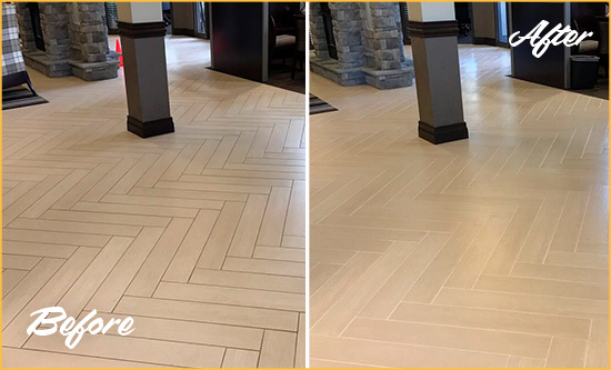Sir Grout Cleans this  Eden Prairie Office Floor Tile and Grout to Remove Stains Before and After Picture of a Eden Prairie Office Floor Tile and Grout Cleaned to Remove Stains
