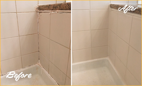 Before and After Picture of a Minneapolis Shower Caulked to Repair Damaged Caulking