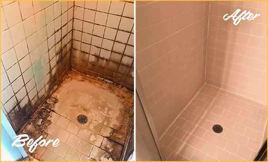 Before and After Picture of a Minneapolis Shower Caulked to Fix and Prevent Water Damage