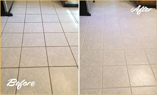 Before and After Picture of a Minneapolis Kitchen Ceramic Floor Sealed to Protect From Dirt and Spills