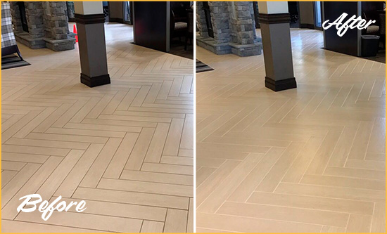 Before and After Picture of a Dirty Minneapolis Ceramic Office Lobby Sealed For Extra Protection Against Heavy Foot Traffic